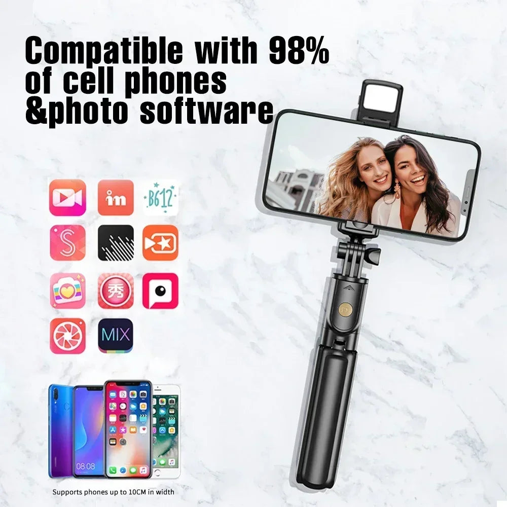 Perche à selfie sans fil avec télécommande et lumière Bluetooth | Support extensible pour iPhone et téléphones portables – Parfait pour TikTok et diffusion en direct